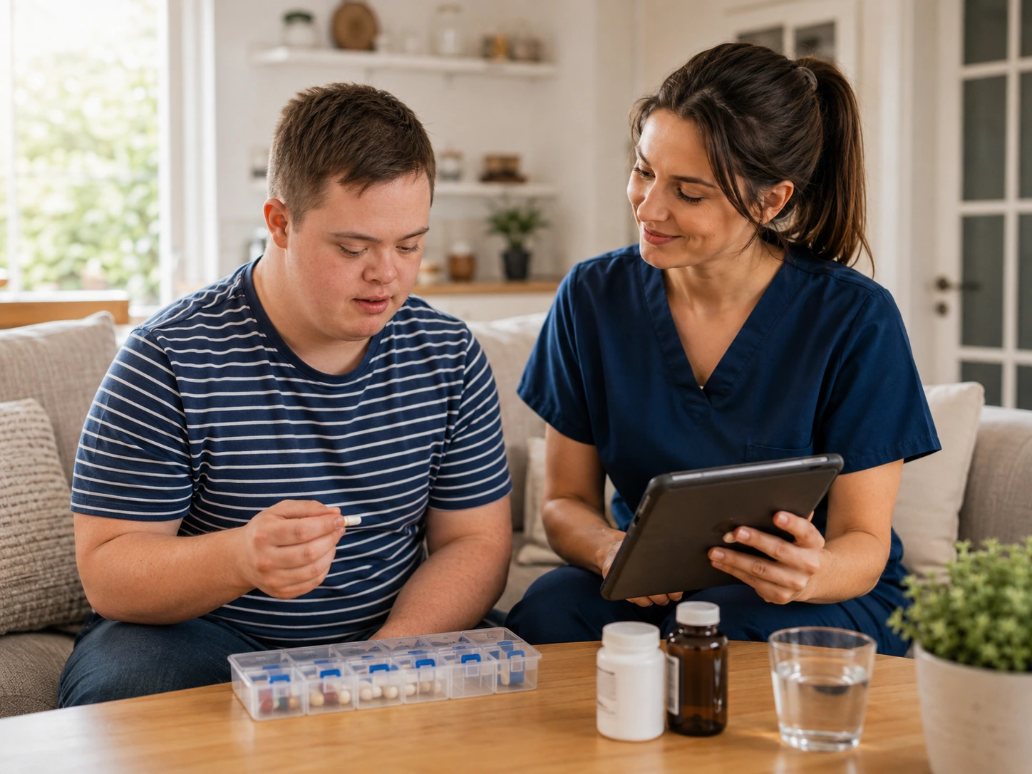 Caregiver consulting with elderly couple about medication