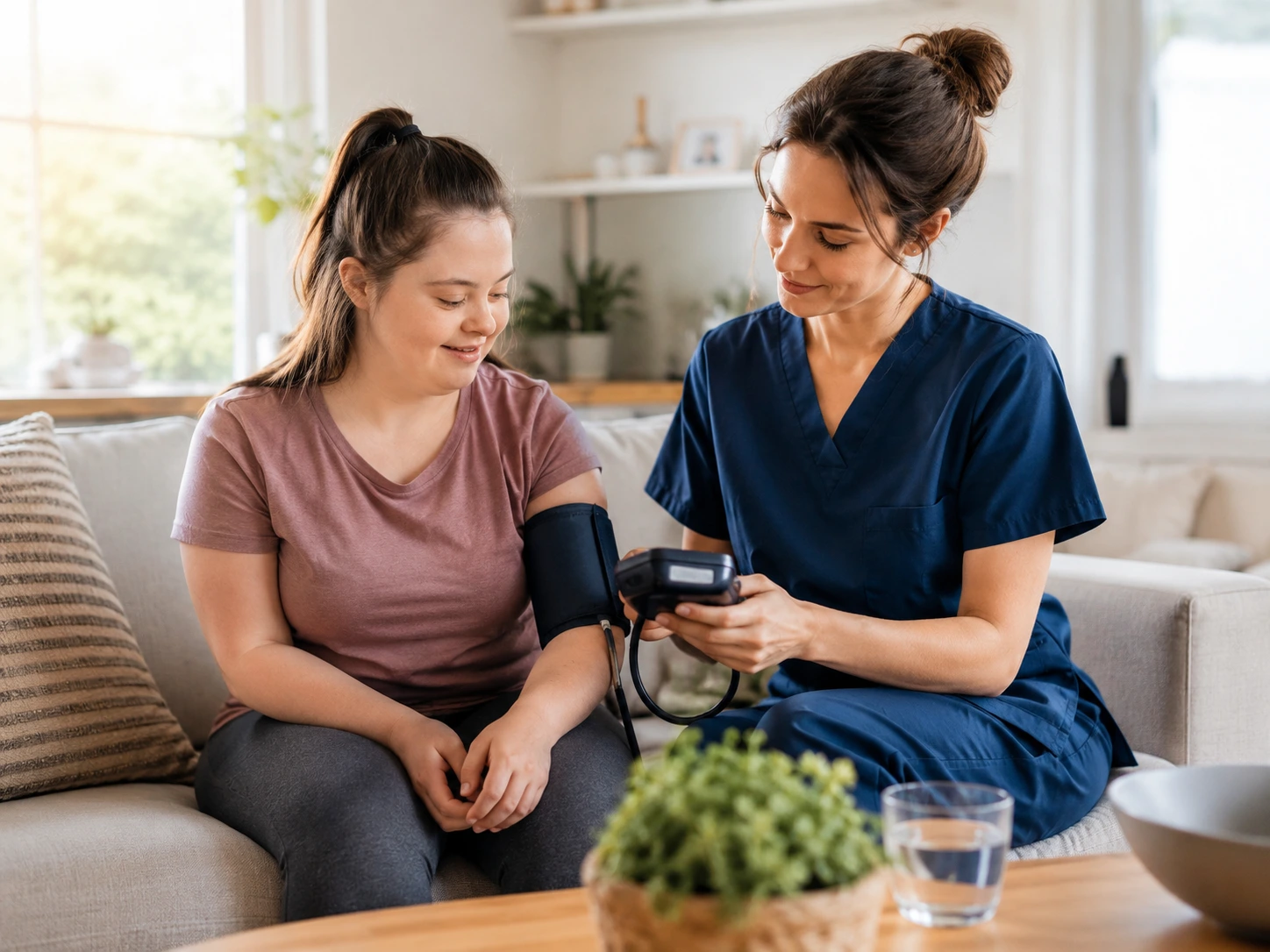 Nurse providing health monitoring to elderly man at home