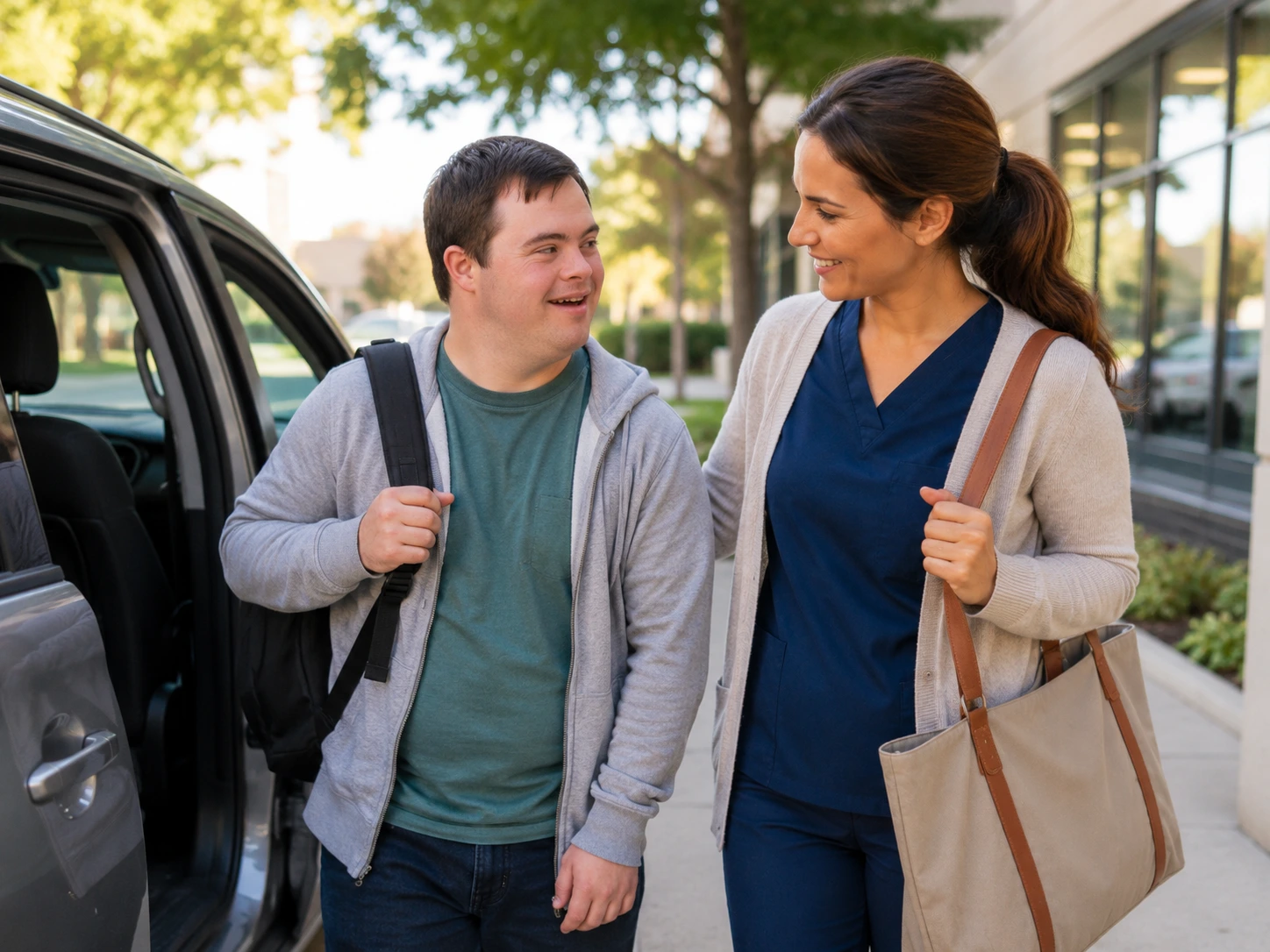 Caregiver assisting wheelchair user with daily mobility